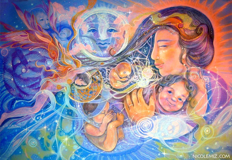 An angel is born - Visionary art by Nicole Mizoguchi - A beautiful child is embraced by his loving mother.