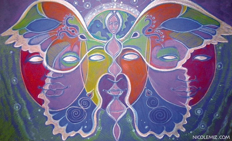 Butterfly - Visionary art by Nicole Mizoguchi - Three goddesses with a peaceful vision of life, guard and protect the beauty of the earth.