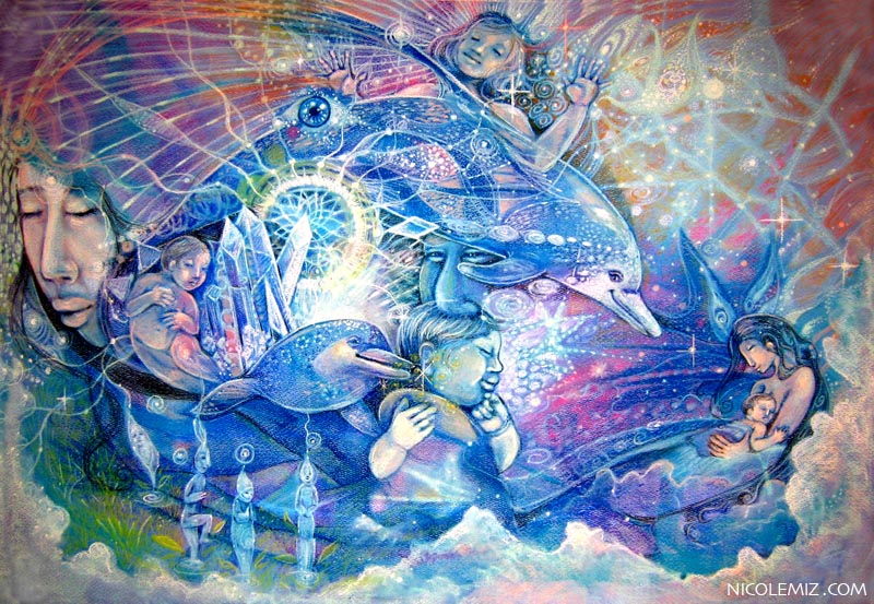 Paradise - Visionary art by Nicole Mizoguchi - A heavenly place filled with the bliss of dolphins and babies playing, mother and child embracing.